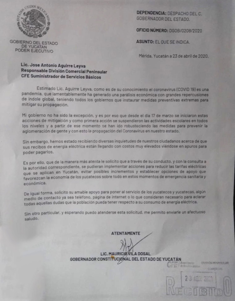 El Gobernador Mauricio Vila Dosal solicita a la CFE atender dudas y reclamos de los ciudadanos de Yucatán por eventuales sobreprecios en los recibos de luz durante la contingencia por el Coronavirus