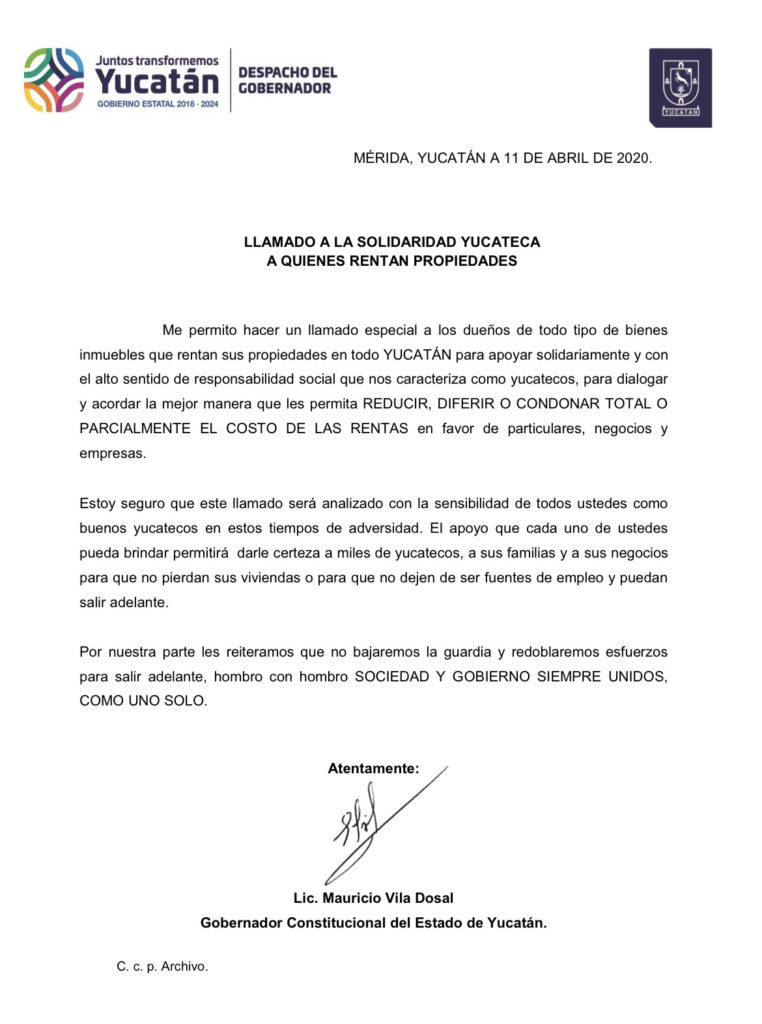El Gobernador solicitó a los dueños de todo tipo de inmuebles para reducir, diferir o condonar total o parcialmente el costo de las mensualidades ante la contingencia
