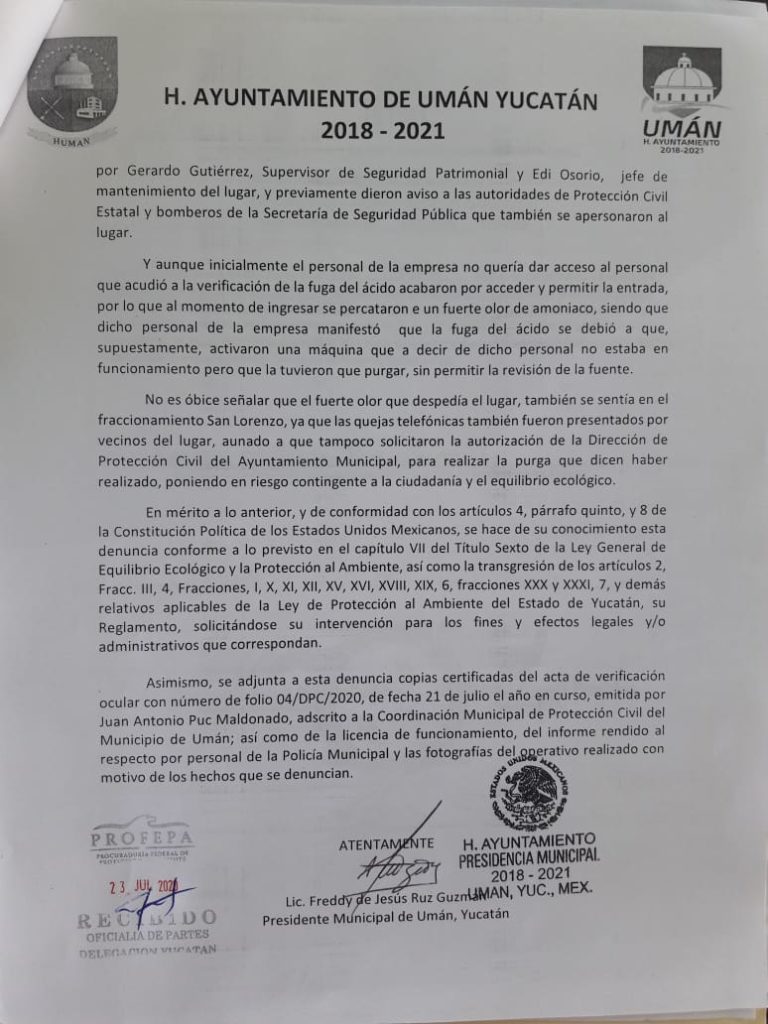 El Ayuntamiento de Umán denuncia fuga de amoniaco ante la PROFEPA