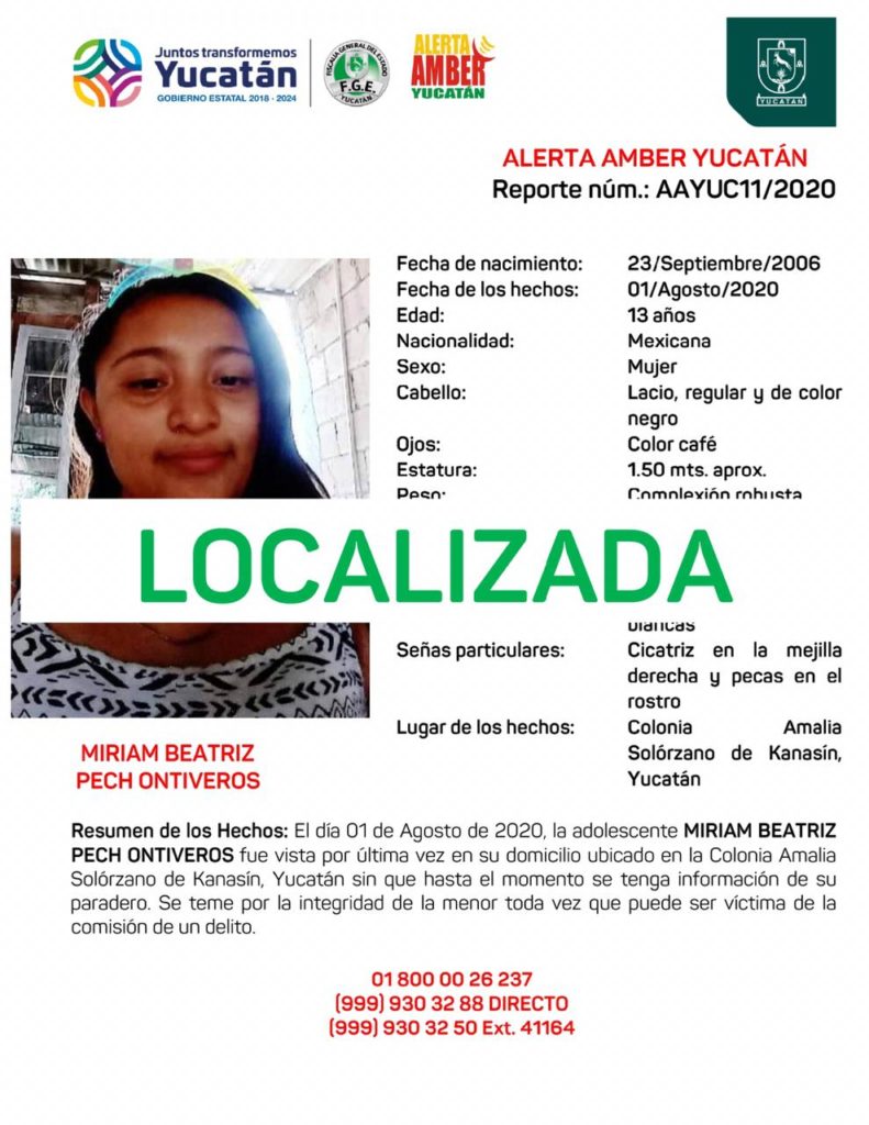 Localizan a menor reportada como desaparecida en Kanasín