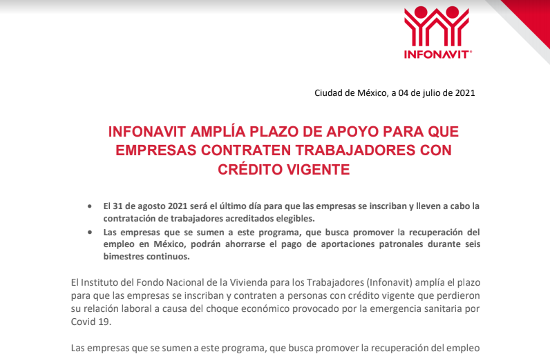 Se amplía plazo de apoyo para que empresas contraten trabajadores con crédito vigente de INFONAVIT