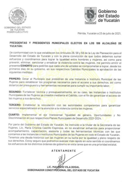 Exhorta Gobernador Mauricio Vila Dosal a los alcaldes electos de Yucatán a crear, en los primeros días de sus administraciones, las instancias o Institutos Municipales de la Mujer para contribuir al combate de la violencia contra este sector