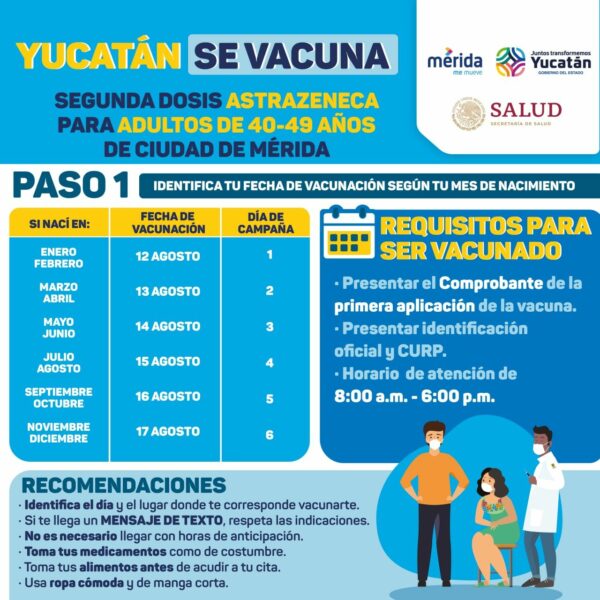Del jueves 12 al martes 17 de agosto se llevará a cabo en Mérida la aplicación únicamente de segundas dosis contra el Coronavirus a personas de 40 a 49 años