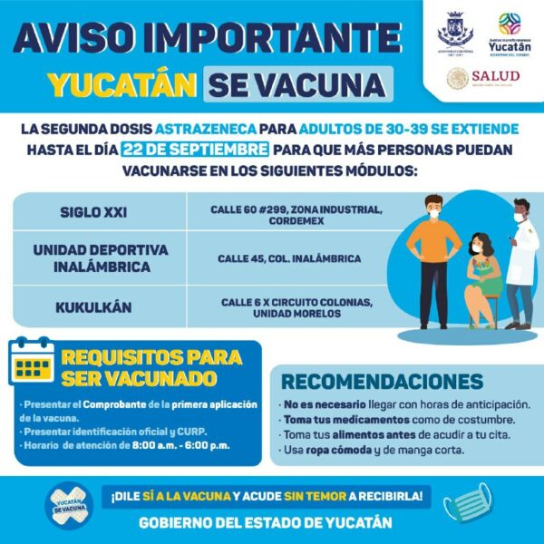 Se amplía un día más la aplicación de segundas dosis a personas de 30 a 39 años en Mérida