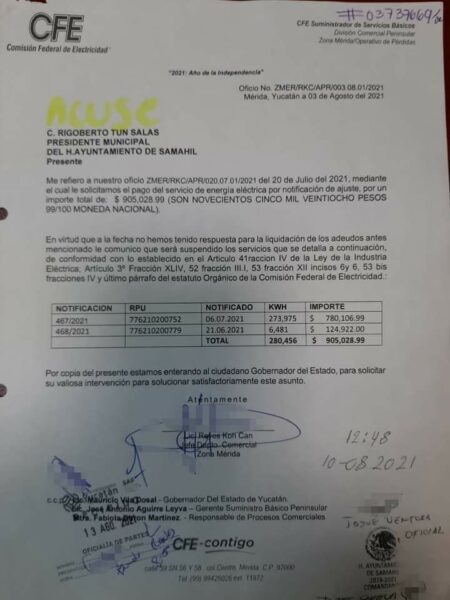 Ayuntamiento de Samahil adeuda casi un millón de pesos a la CFE