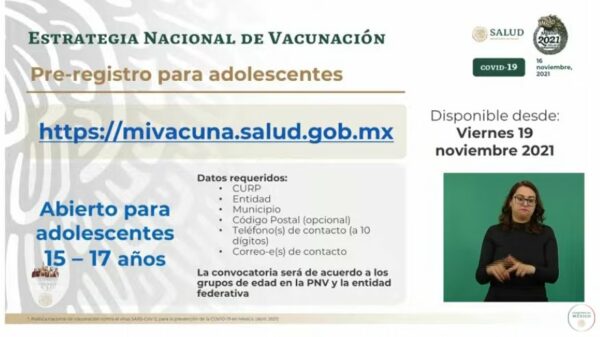 La Secretaría de Salud Federal anunció que se vacunarán a todos los adolescentes de 15 a 17 años