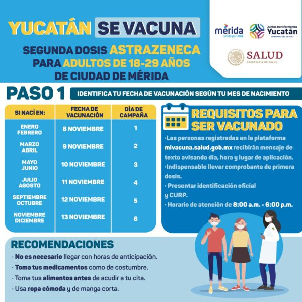 Del 8 al 13 de noviembre se aplicarán segundas dosis de la vacuna contra el Coronavirus a personas de 18 a 29 años de Mérida
