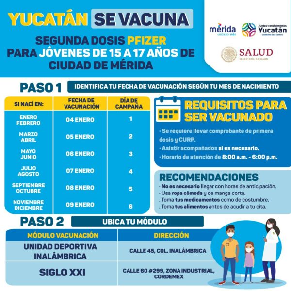 Adolescentes de 15 a 17 años de edad de Mérida recibirán segunda dosis de la vacuna contra el Coronavirus del 4 al 9 de enero