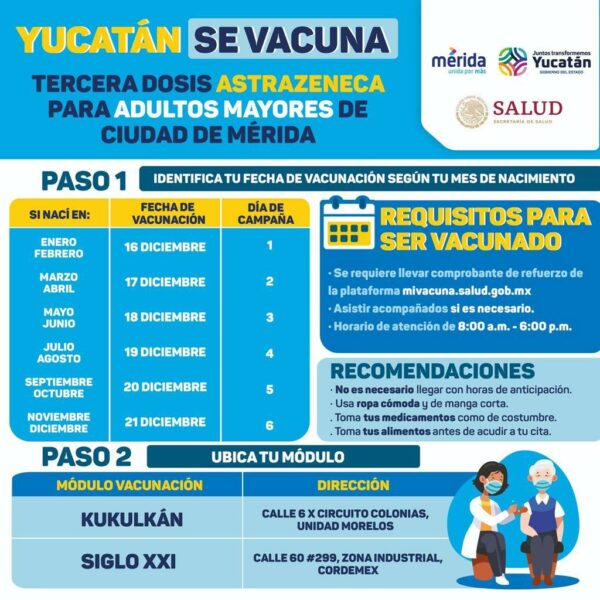 Adultos mayores de Mérida recibirán refuerzo de vacuna contra Coronavirus del 16 al 21 de diciembre