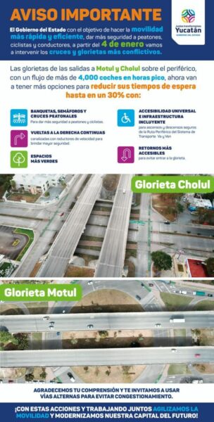 Para una movilidad más segura y eficiente, a partir del martes 4 de enero inicia intervención en glorietas de las salidas a Motul y Cholul
