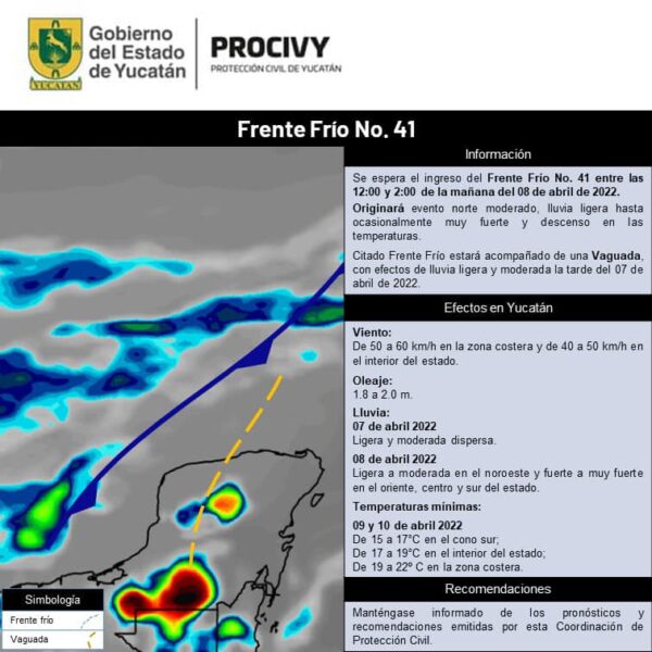 En aproximación el Frente Frío No. 41 con intensas lluvias