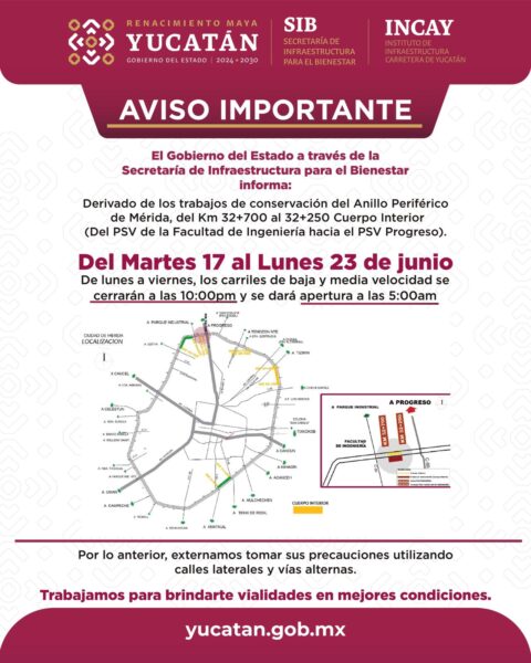 El Gobierno de Yucatán concluye trabajos de mejora en el Anillo Periférico de Mérida y anuncia nuevas intervenciones del 17 al 23 de junio.
Las labores buscan reforzar la seguridad y movilidad en una de las principales vialidades del estado.